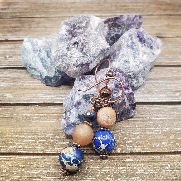 Persephone's Daughter Jewelry - Royal Blue Imperial Jasper Druzy Agate Tigers Eye Copper Earrings